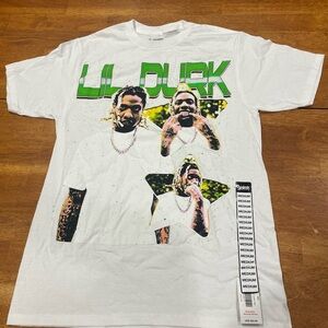 White Graphic Tee with Green Logo and Multi-Image Print